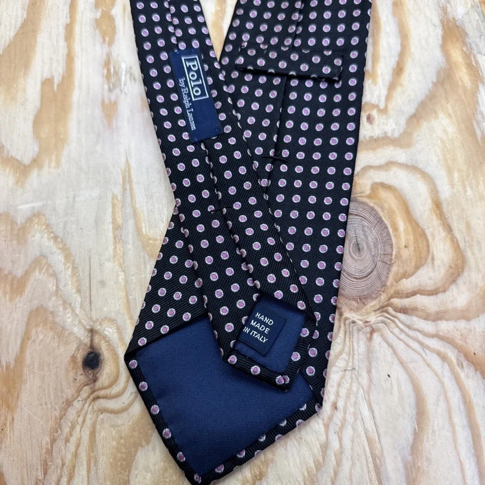 Polo Ralph Lauren Black Pink‎ Polka Dot Silk Tie Made in Italy Classic Style